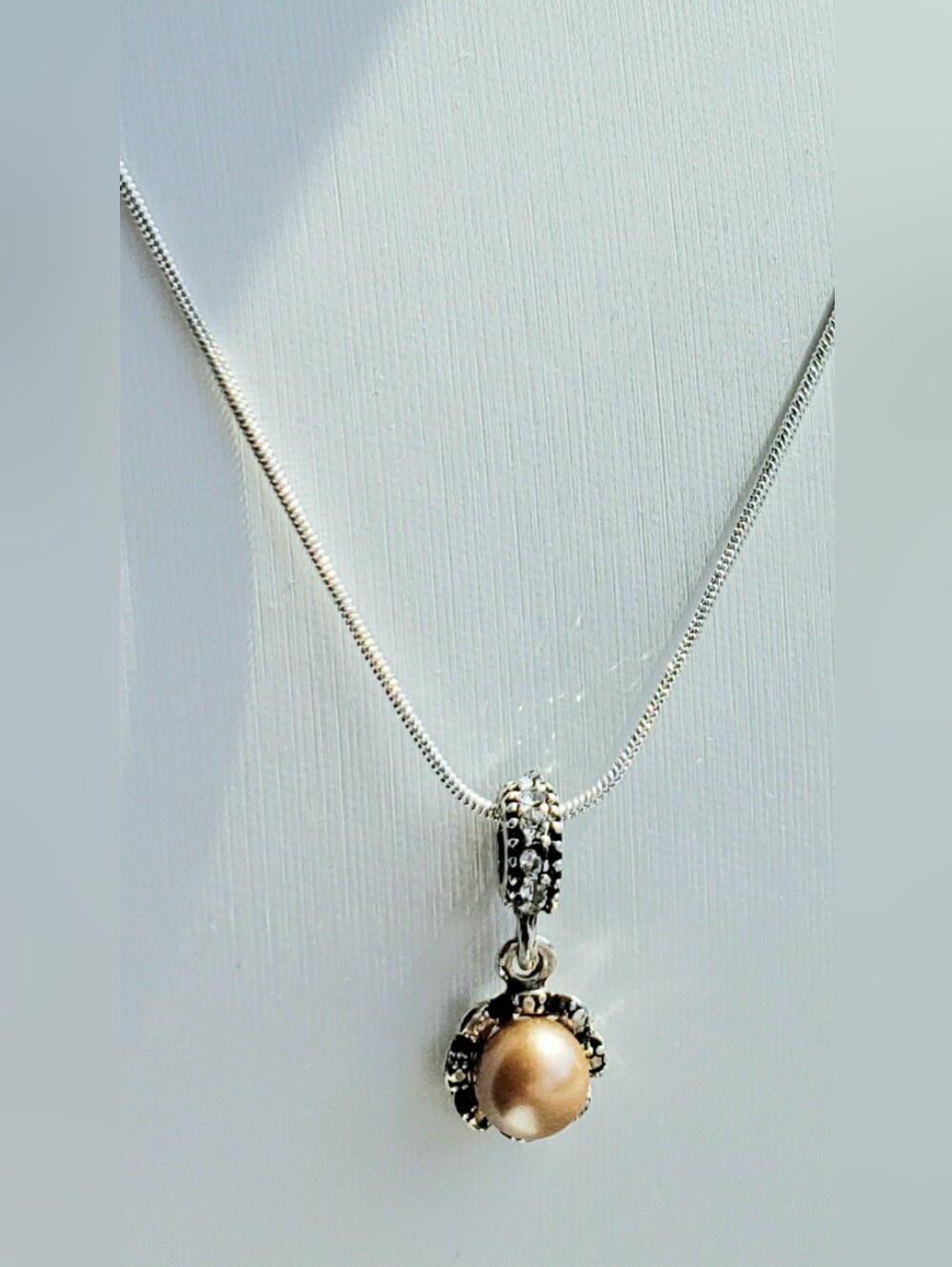 NEW Dainty Pink Pearl In S.P. Flower Setting-Snake Chain Necklace--Lobster Clasp